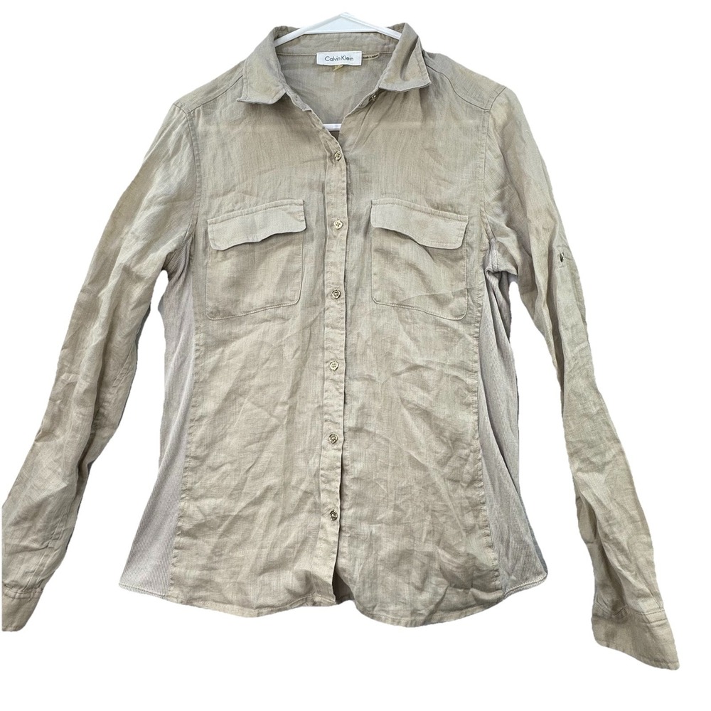 Calvin Klein 100% Linen Womens Button Up Roll-Tab Long Sleeve Size XS Beach Boho